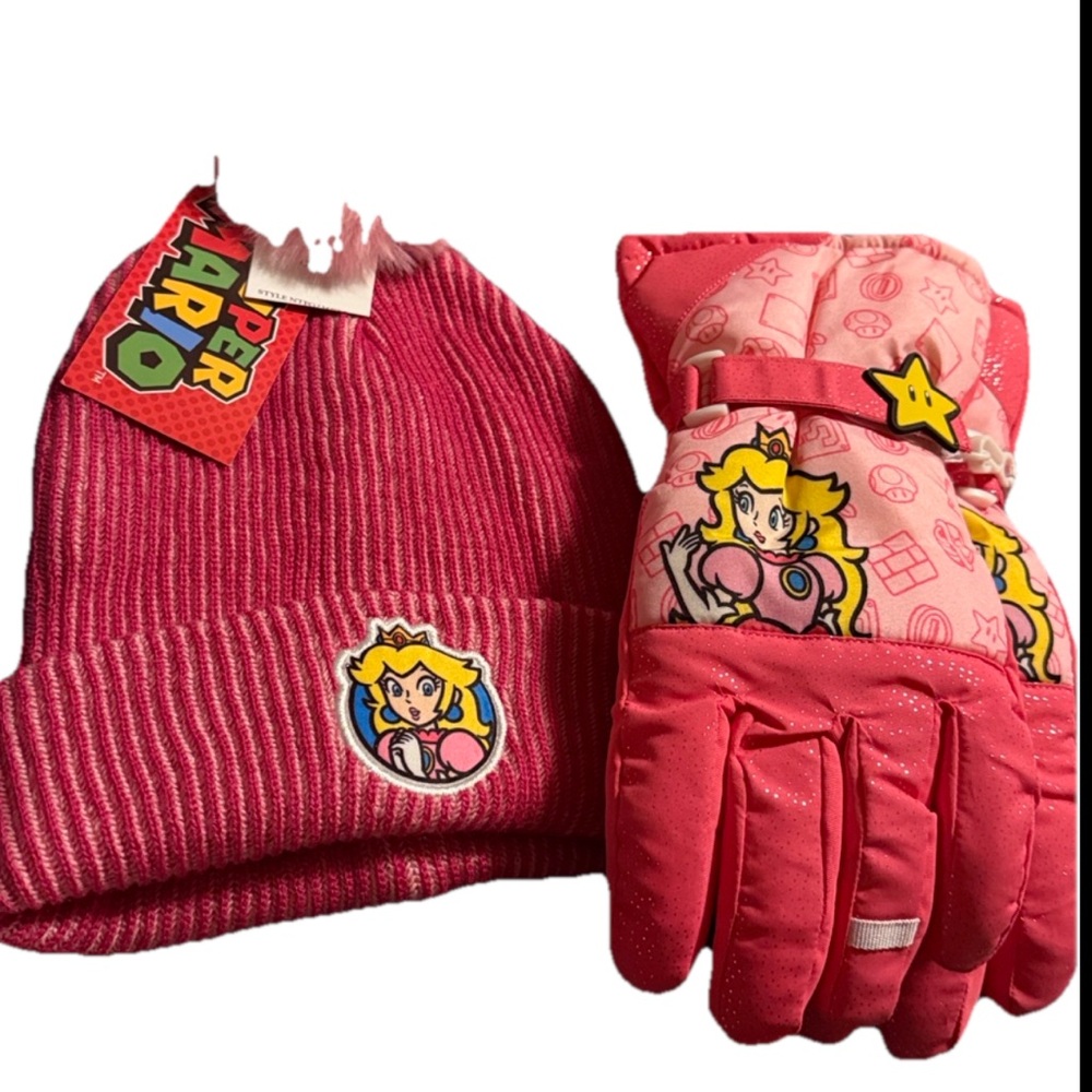 💜Super Mario PrincessPeach Beanie&Glove Set..Beanie’s Size:OSFM Gloves Size:L/XL